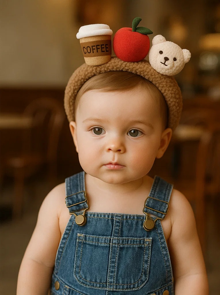 Playful Baby Headband with Coffee, Apple & Cream Bear Plush – Bulk Supply Ready