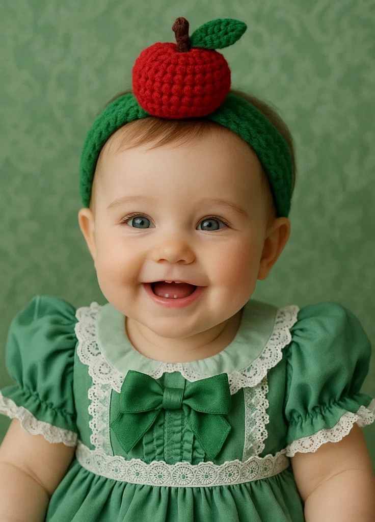 Conjunto de Vestido Verde para Bebê com Faixa de Cabelo de Maçã
