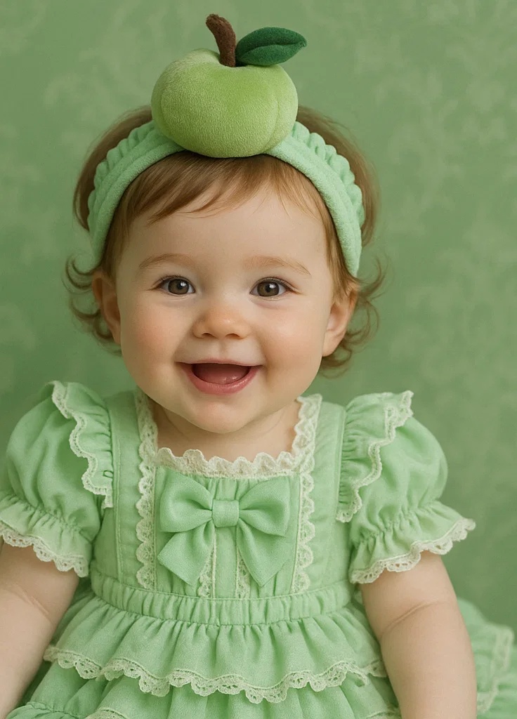 Vestido Verde para Bebé con Diadema de Manzana Verde