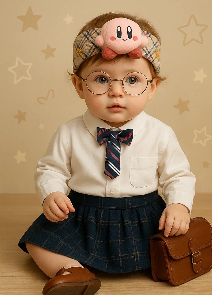 Bandeau bébé Star Kirby avec lunettes et jupe à carreaux