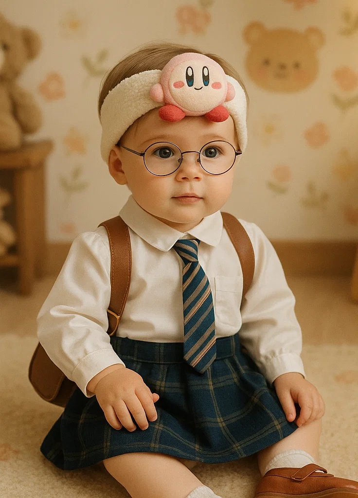 Smart Star Kirby Baby Headband with Glasses and Plaid Skirt