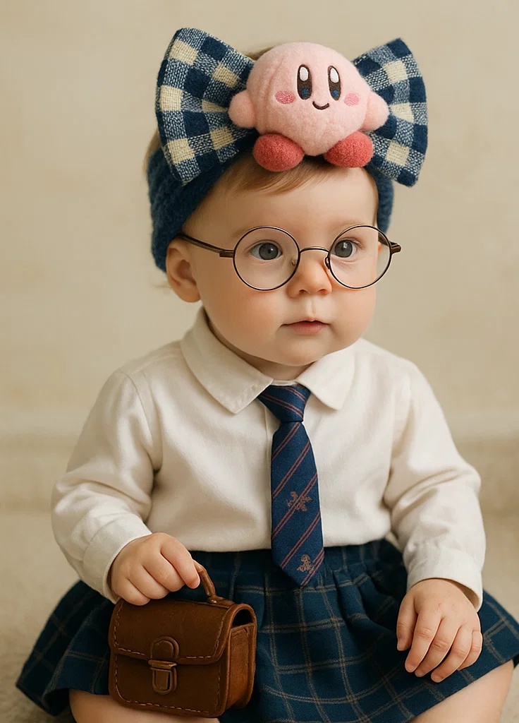 Cute Star Kirby Baby Headband with Glasses and Plaid Skirt