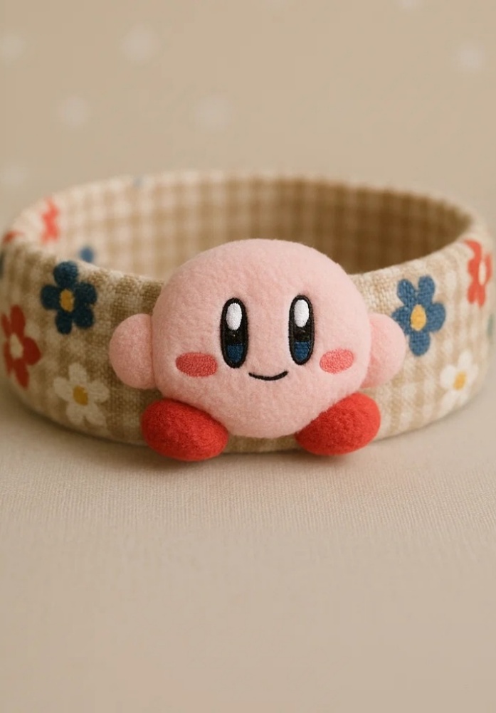 星のカービィの赤ちゃん用ヘアバンドと眼鏡、チェックのスカート