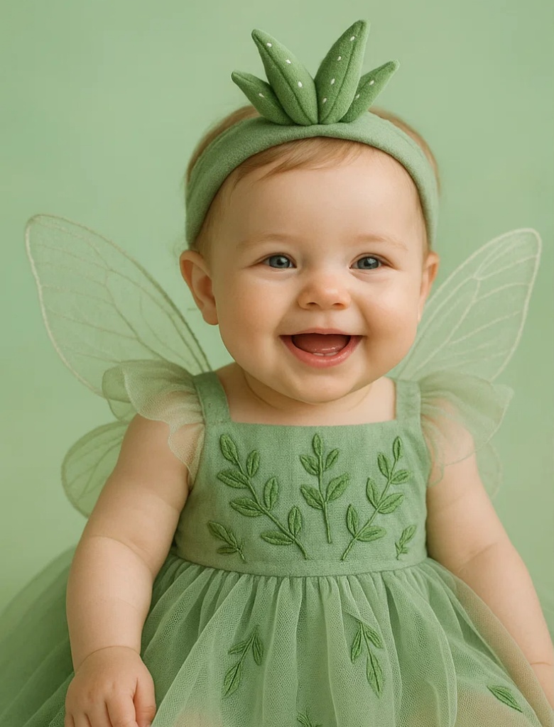 フェアリードレス（赤ちゃん用）と植物風のヘアバンド、写真撮影やパーティーに最適