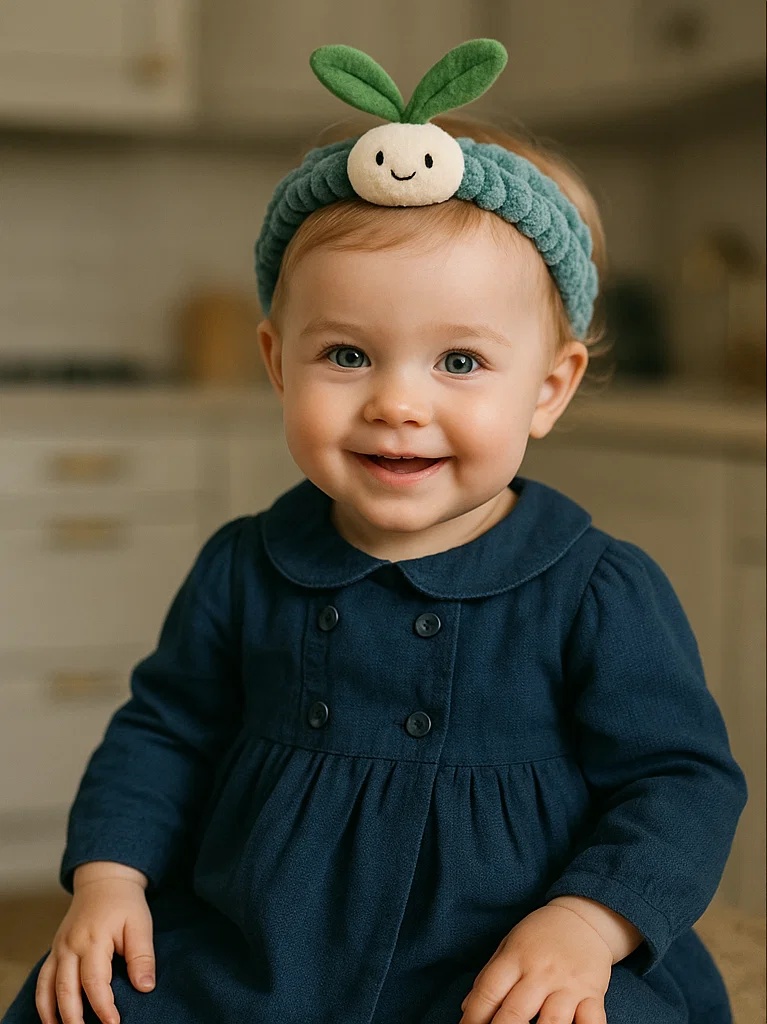Diadema para bebé con tema de rábano y cara sonriente