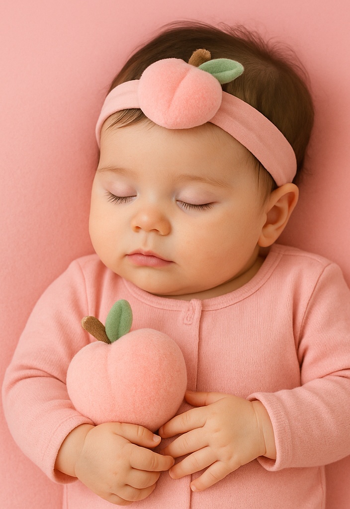 Peach Baby Headband – Soft Plush Fruit Hairband with Sleeping Face