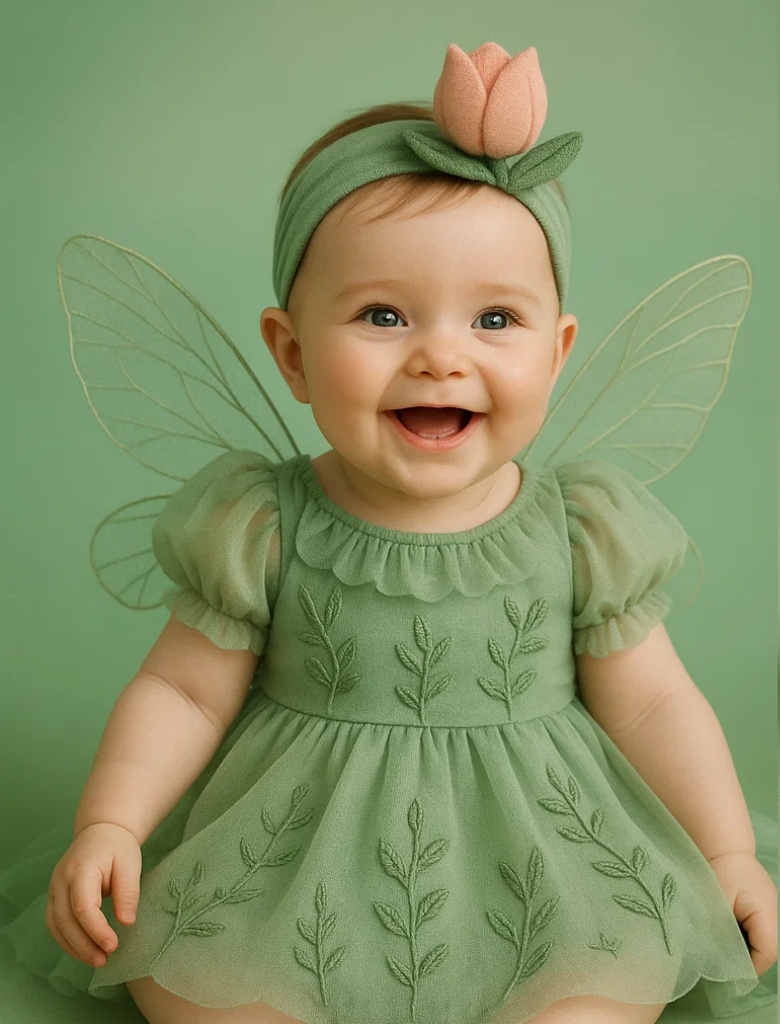 Vestido de bebê com asas e tiara floral para sessão de fotos