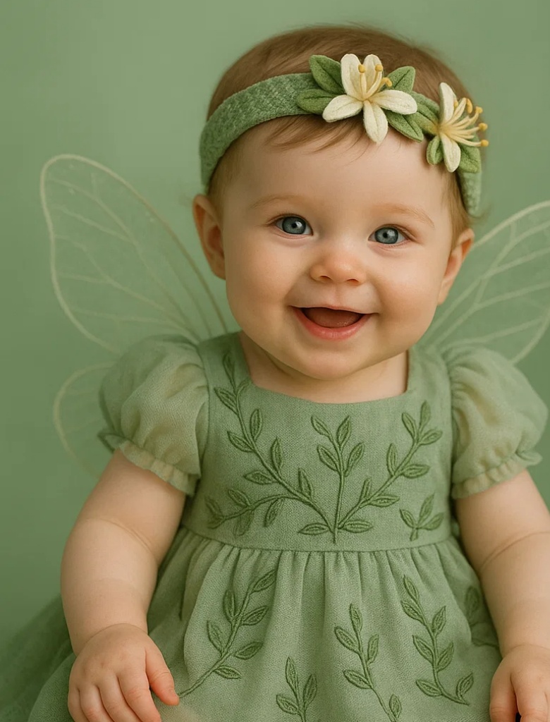 Robe pour bébé avec ailes et serre-tête fleuri pour séance photo