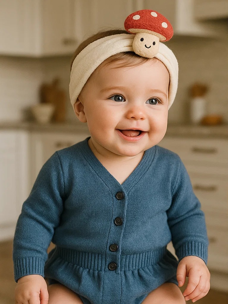 Mushroom-Themed Baby Headband with Smiling Face