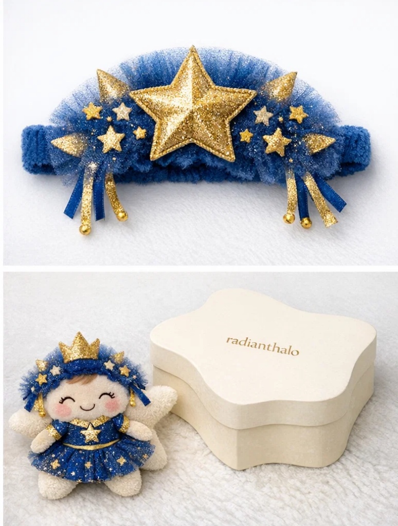 Celestial Princess Baby Headband – Blue & Gold Star Crown Design