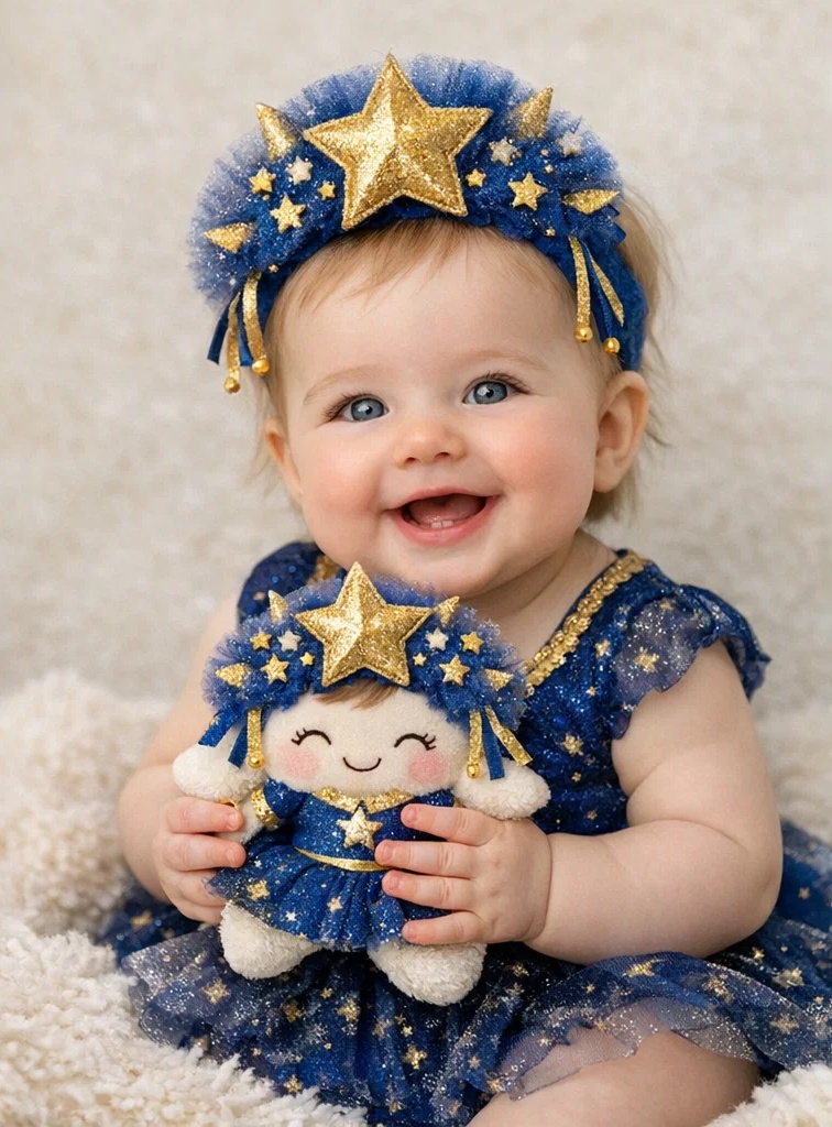 Celestial Princess Baby Headband – Blue & Gold Star Crown Design