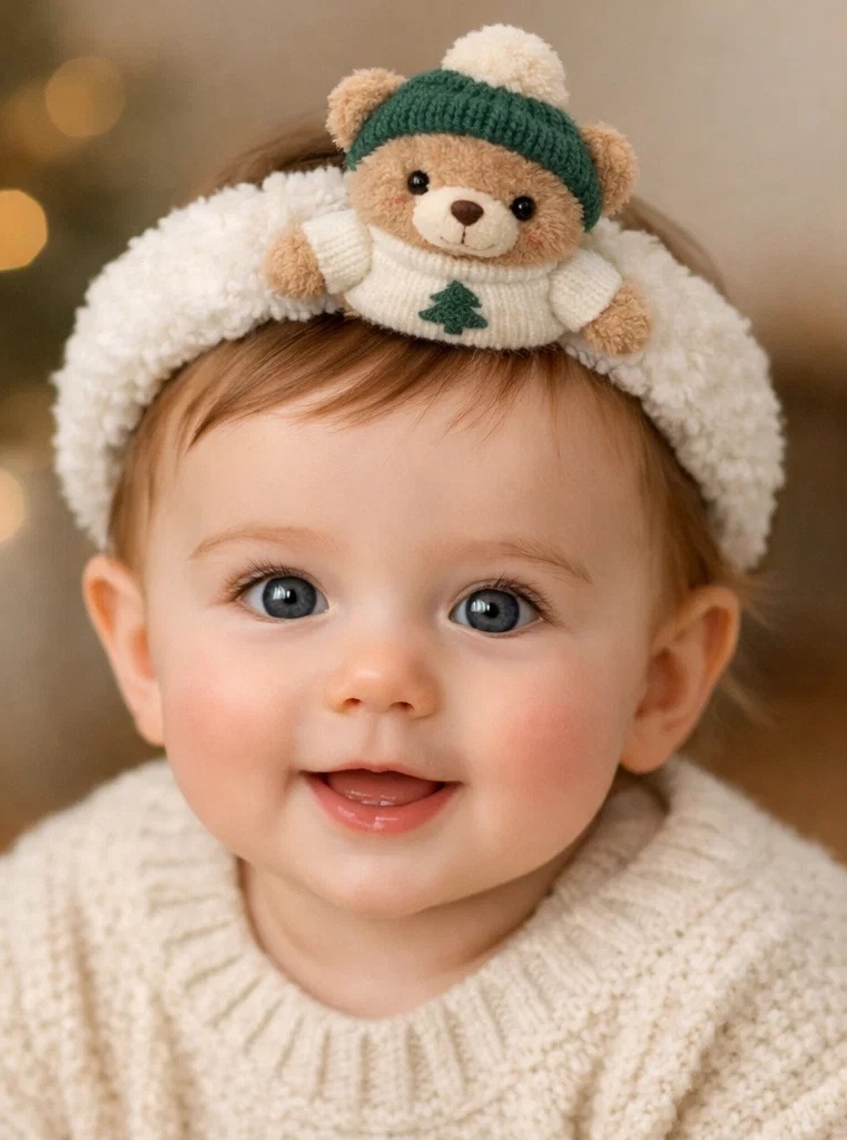 Festive Bear Baby Headband with Scarf – Perfect for Holiday Photos