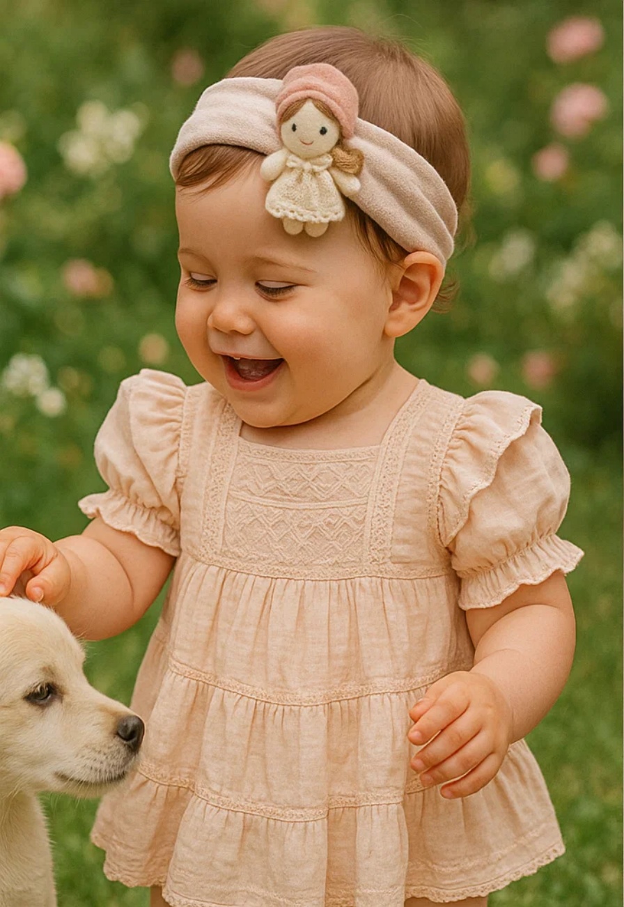 Faixa de cabelo para bebê com boneca adorável – perfeita para fotos e para presentear