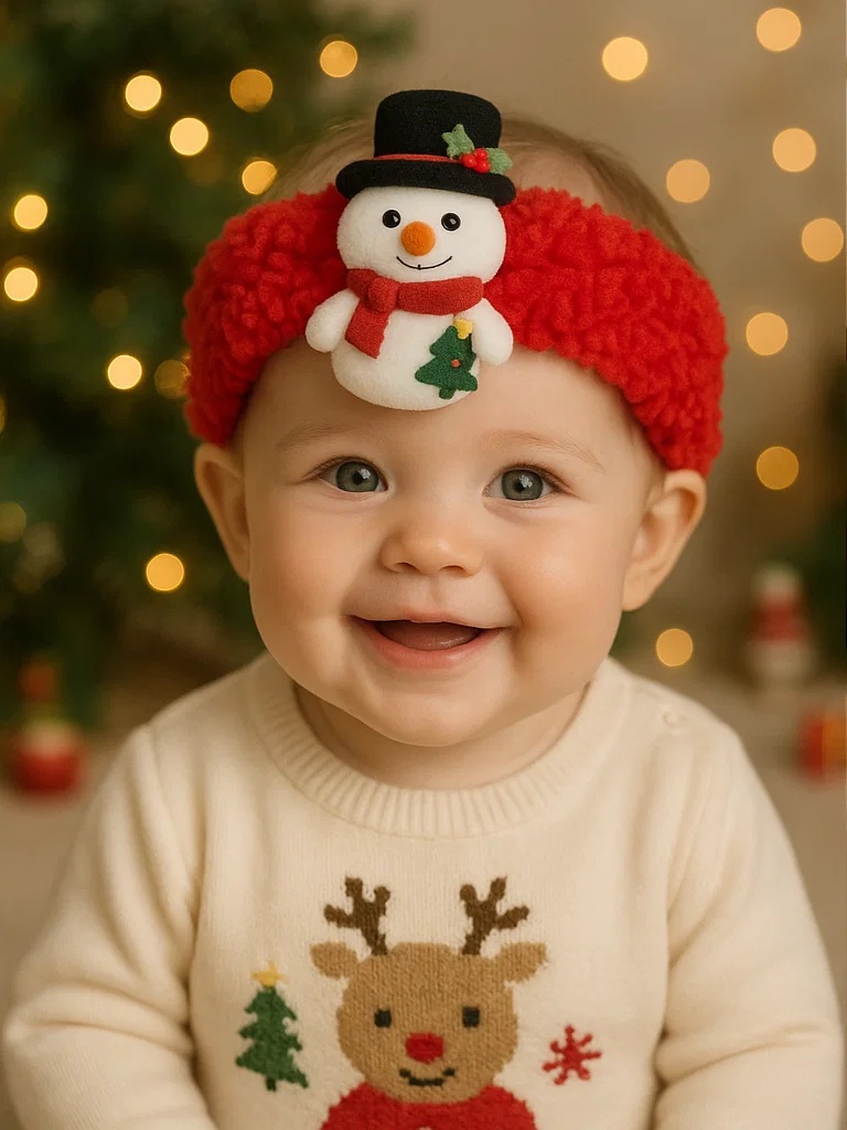 Bandeau bébé avec bonhomme de neige et cadeau pour une photo magique