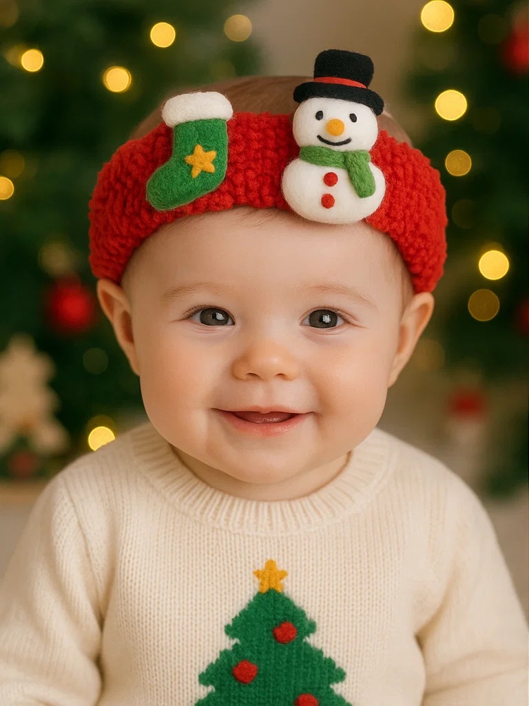 Bandeau bébé Noël avec bonhomme de neige et des petits cadeaux