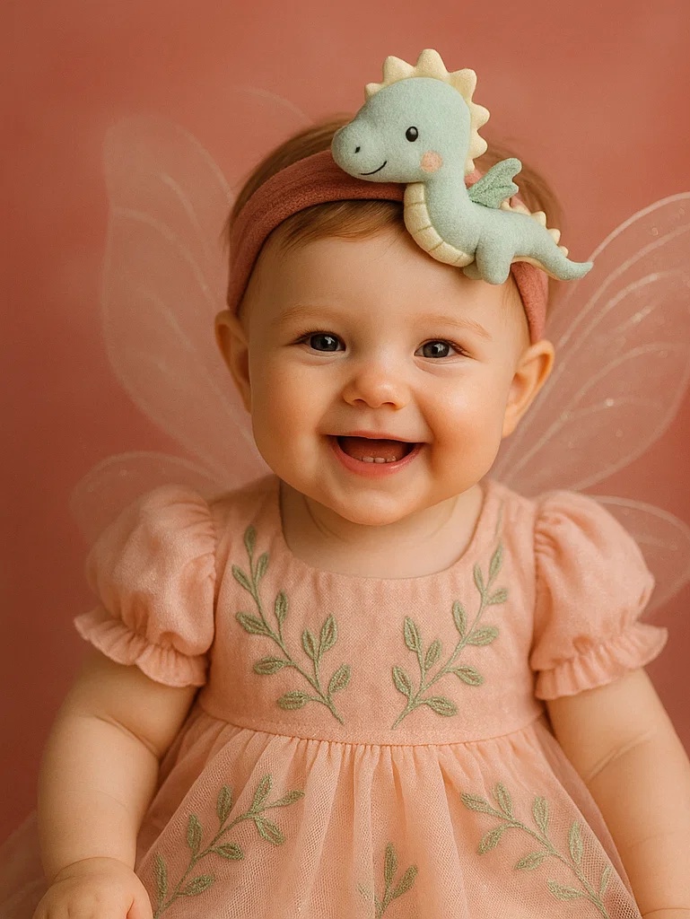 Soft Green Baby Headband with Friendly Dragon Design