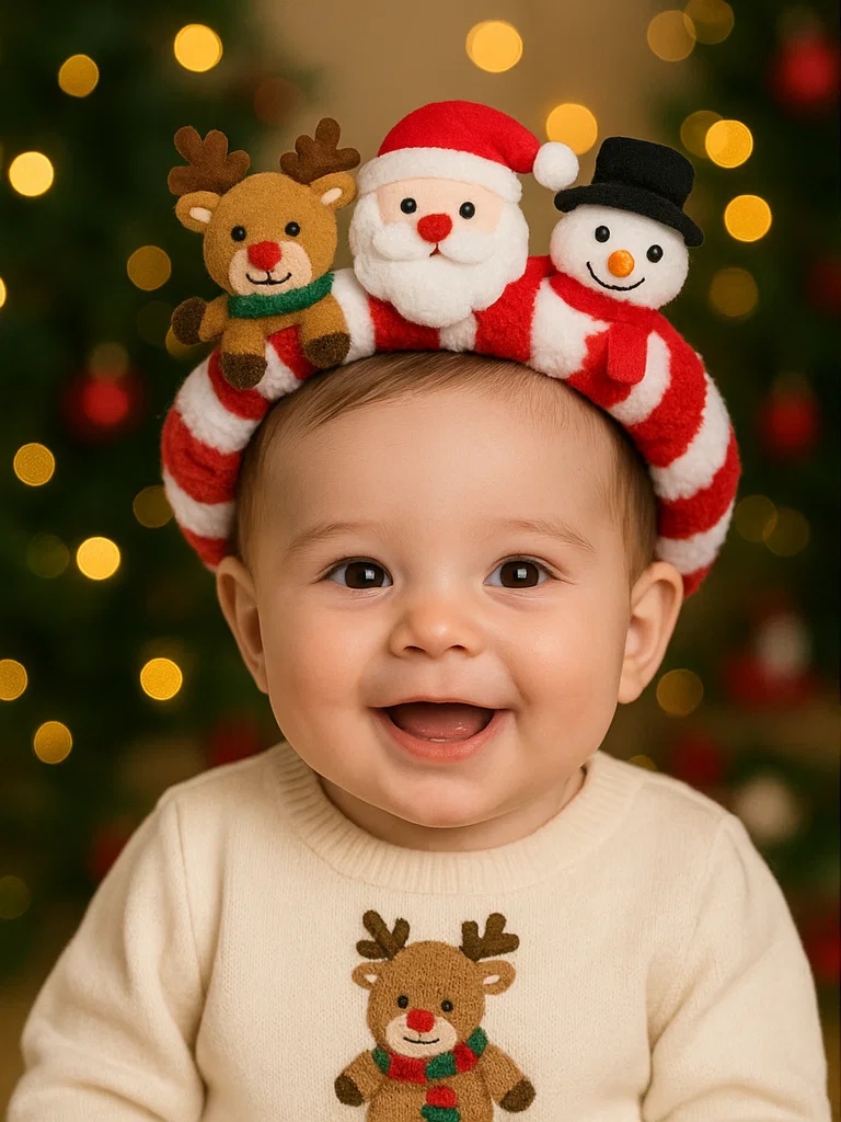 Bandeau bébé Noël avec bonhomme de neige et des petits cadeaux pour une photo magique