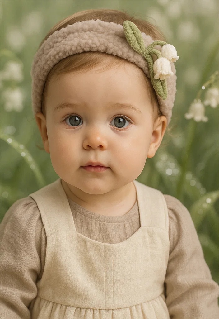 Bandeau bébé avec une fleur de muguet amovible, idéal pour les photos et l’usage quotidien