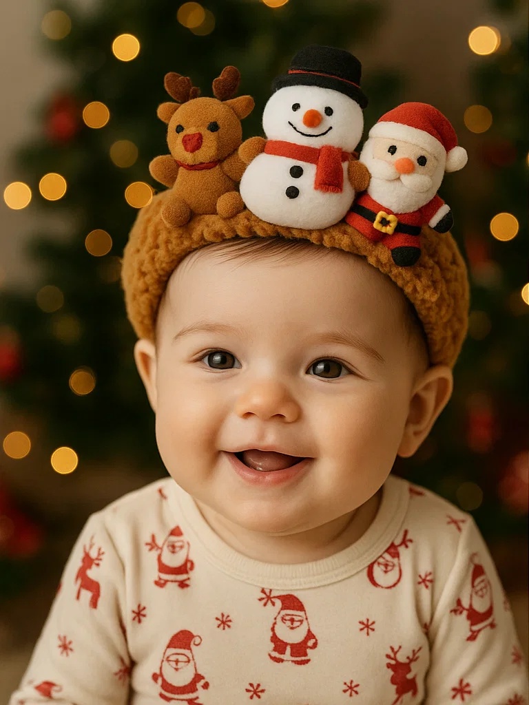 Tiara fofinha de Natal para bebês com personagens de pelúcia.