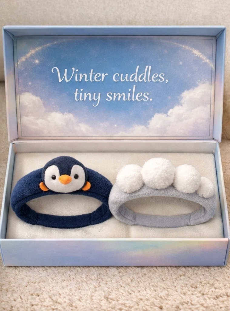 Penguin & Snow Pom Pom Plush Baby Headband Set