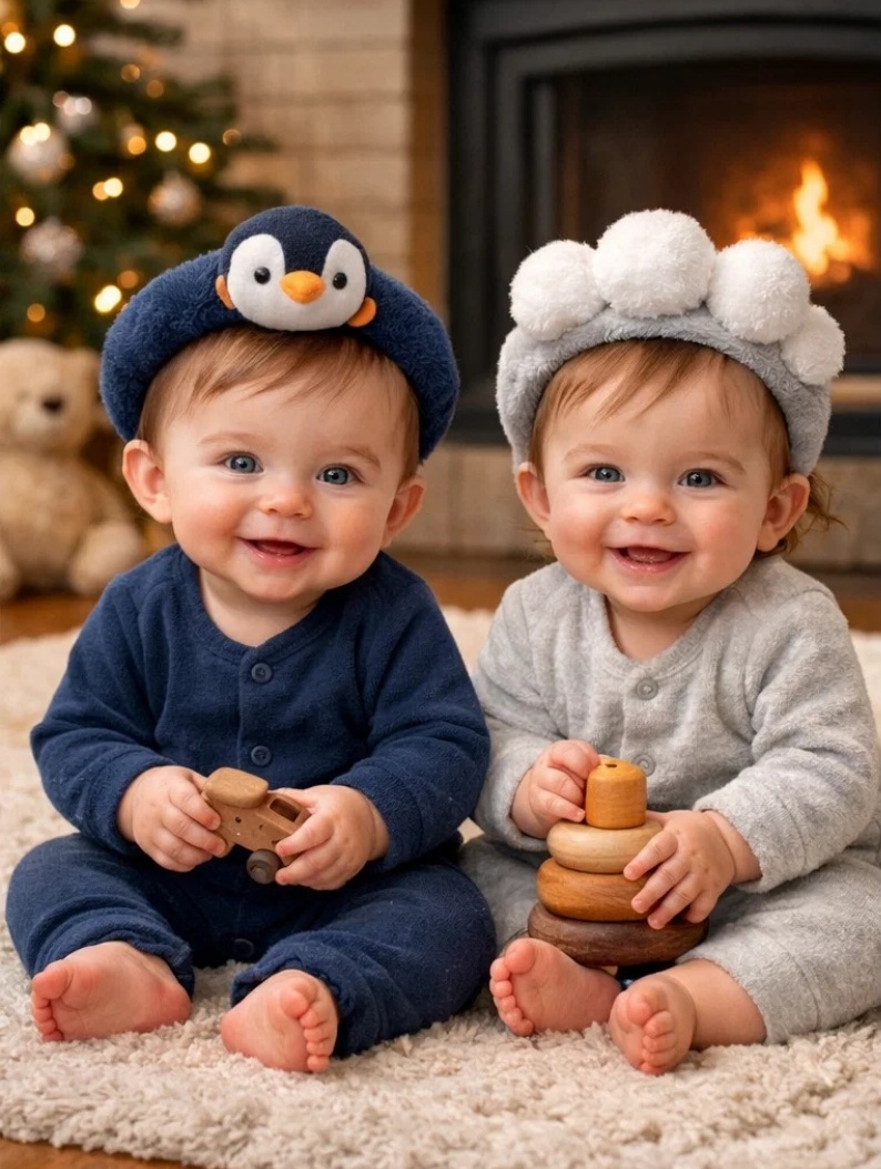 Penguin & Snow Pom Pom Plush Baby Headband Set