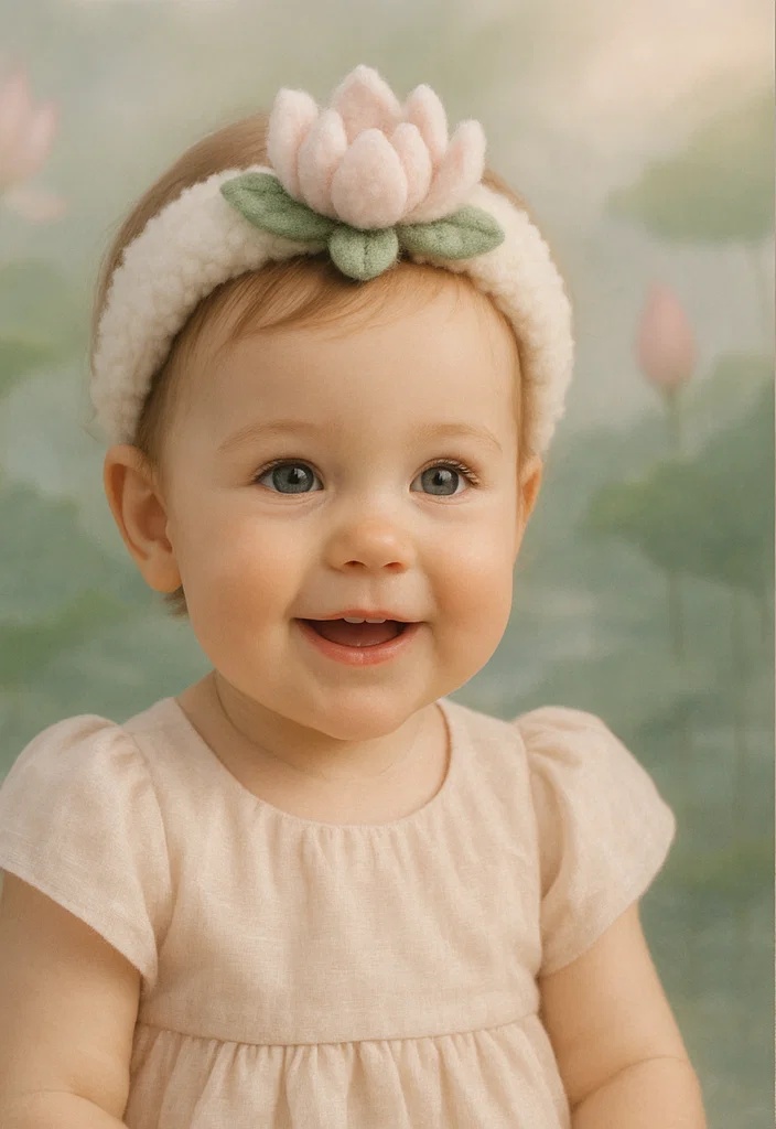 Premium Baby Headband with Pink Lotus and Soft Green Leaves