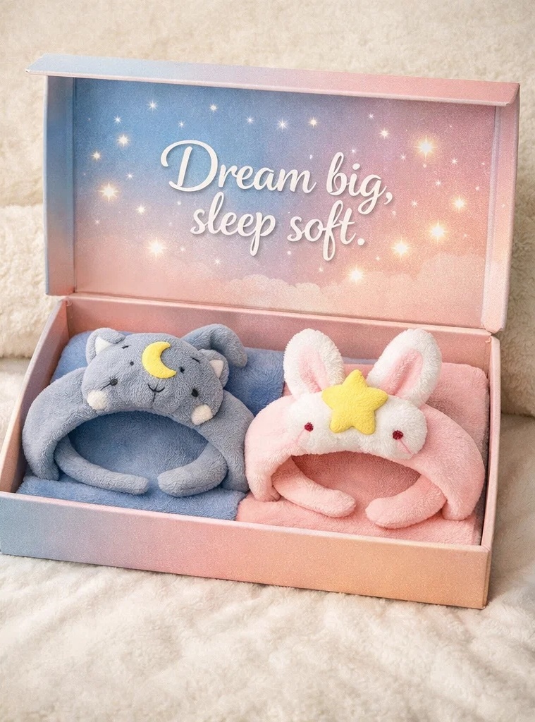 OEM Removable Plush Baby Headband Gift Set Blue Moon Cat & Pink Bunny Star for Boutique Baby Collections