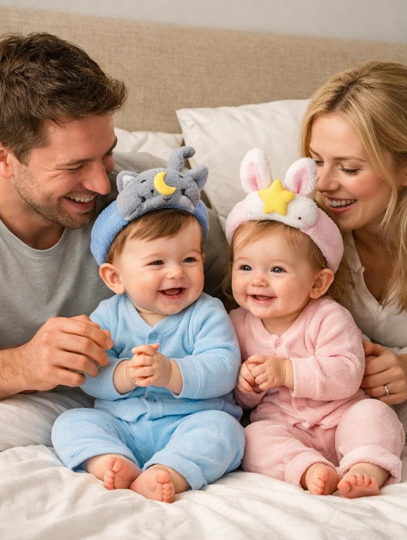 Wholesale Detachable Plush Baby Headband Set Gray Moon Cat & White Bunny Star in Premium Gift Box