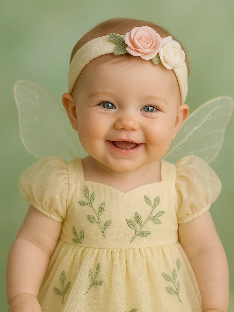Conjunto Bebê com Tiara de Duas Rosas e Vestido de Anjo – Roupa Fofa para Fotos 0-2 Anos