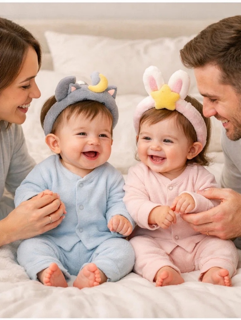 OEM Removable Plush Baby Headband Gift Set Blue Moon Cat & Pink Bunny Star for Boutique Baby Collections