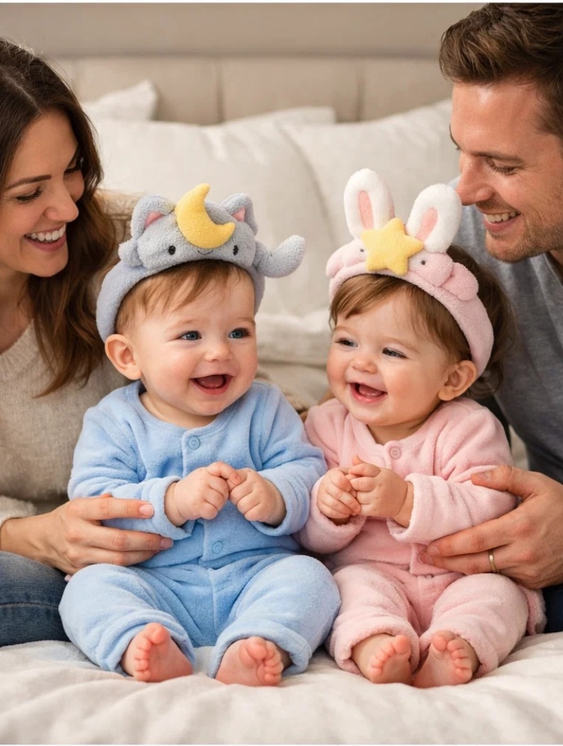 B2B Pastel Bear Moon & Rabbit Star Detachable Plush Baby Headband Set for Gift and Photo Prop Collections