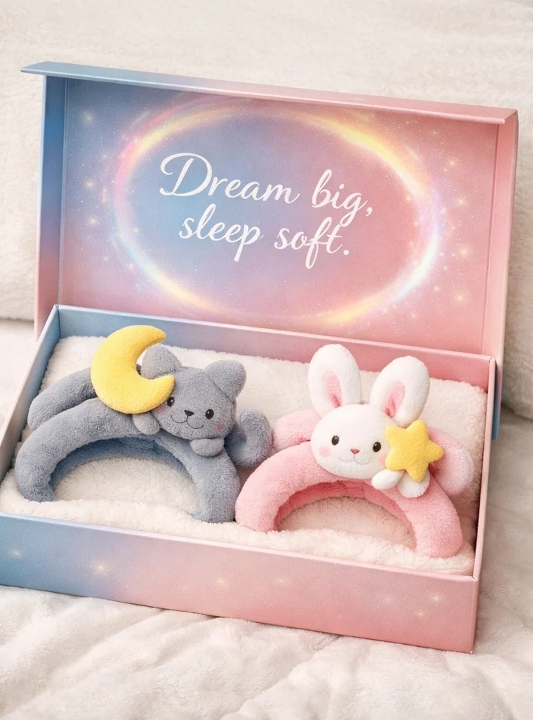 ODM Dream Theme Moon Bear & Bunny Removable Plush Baby Headband Set with Premium Gift Packaging