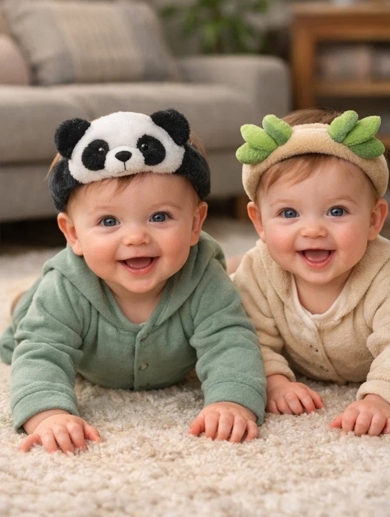 Mint Green Panda & Leaf Removable Plush Baby Headband Set for Soft Nature Themed Retail Collections