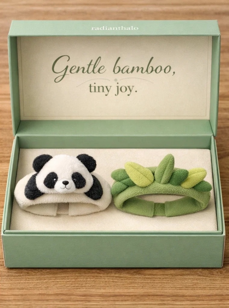 Panda Plush & Soft Bamboo Leaf Baby Headband Gift Set with Detachable Cartoon Embellishments