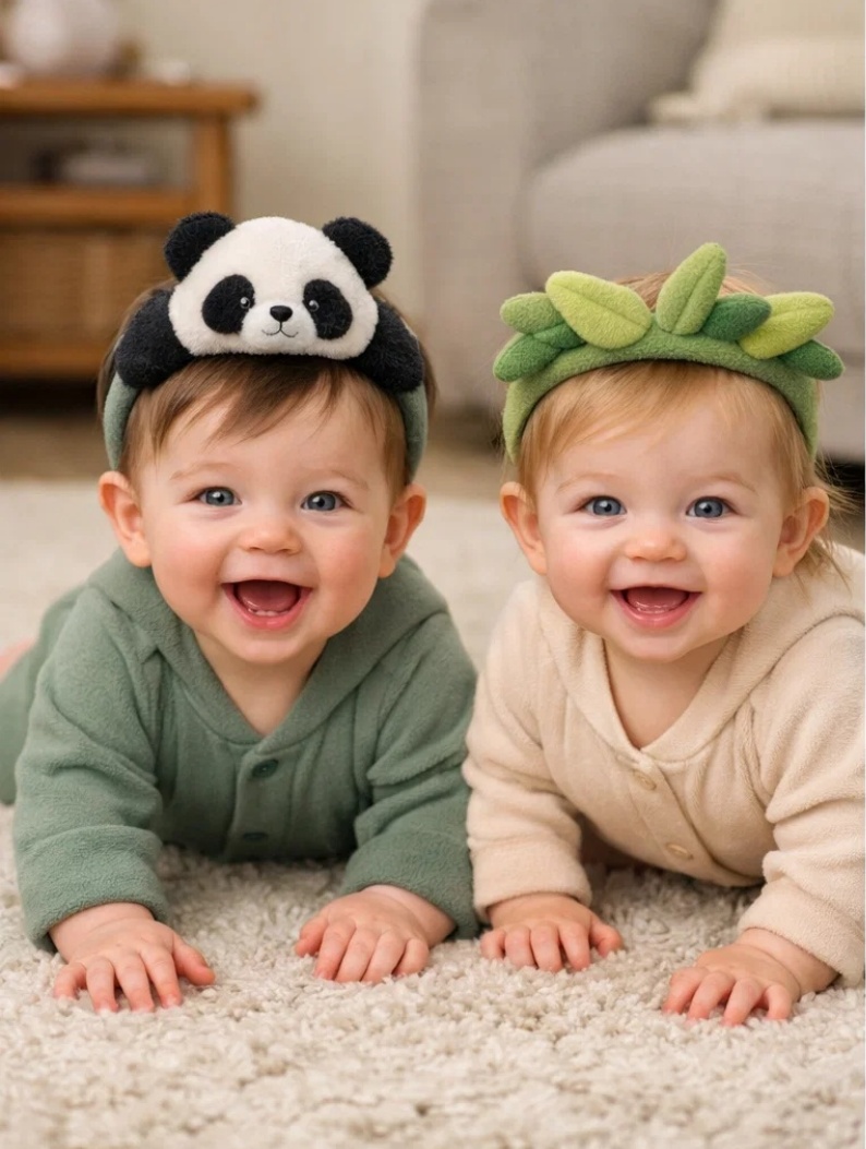 Panda Plush & Soft Bamboo Leaf Baby Headband Gift Set with Detachable Cartoon Embellishments