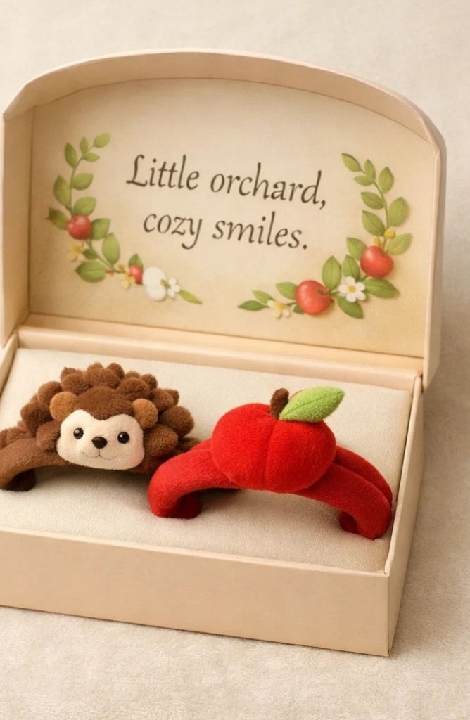 Wholesale Hedgehog & Red Apple Removable Plush Baby Headband Set for Orchard Themed Gift Collections