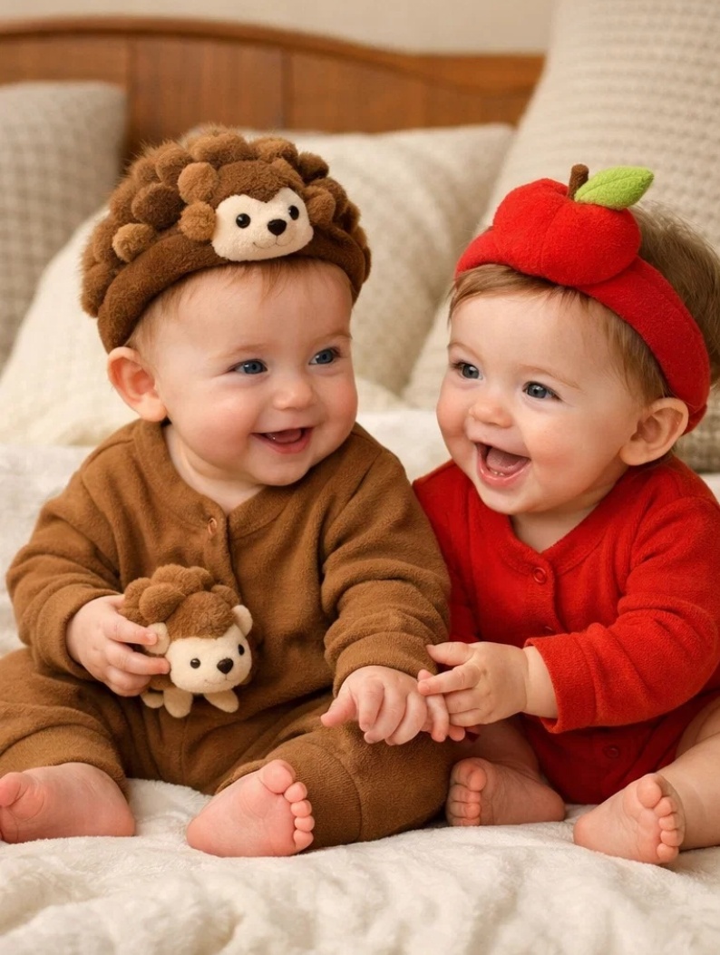 Wholesale Hedgehog & Red Apple Removable Plush Baby Headband Set for Orchard Themed Gift Collections