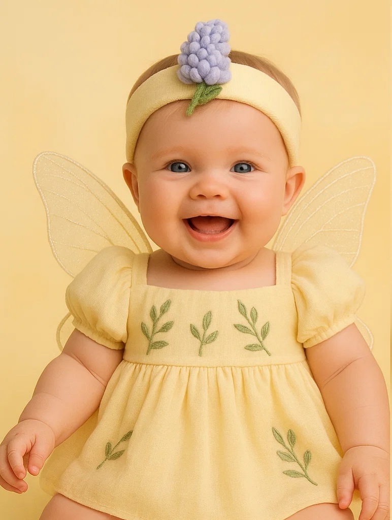 Fairy Blossom Baby Headband – Soft Felt Lily Flower, Yellow Band (Square Neck Design)