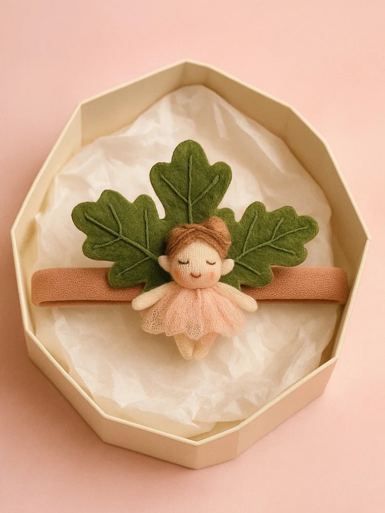 Soft Baby Headband with Doll and Double Leaf Ornament for Infant Photo Shoots
