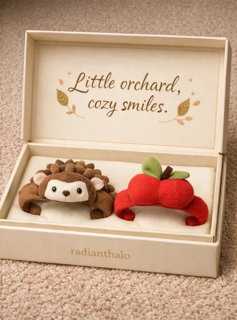 OEM Little Orchard Hedgehog & Apple Plush Baby Headband Set with Gift Box for Boutique Retail