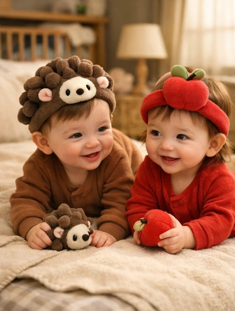 OEM Little Orchard Hedgehog & Apple Plush Baby Headband Set with Gift Box for Boutique Retail