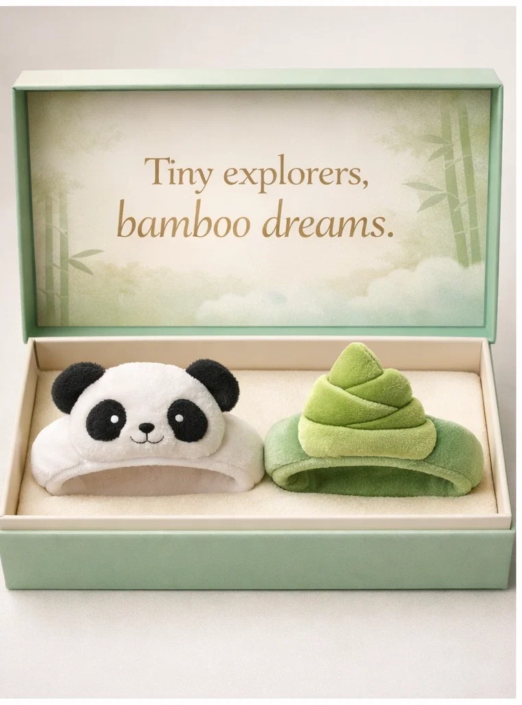B2B Panda & Bamboo Bud Removable Plush Baby Headband Set for Nature Inspired Infant Collections