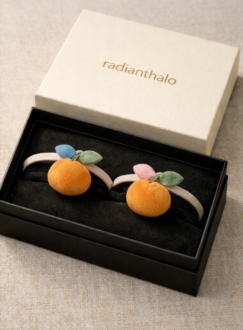Peach and Leaf Plush Baby Headband Set – Removable Embellishment, Soft and Comfortable for Photoshoots