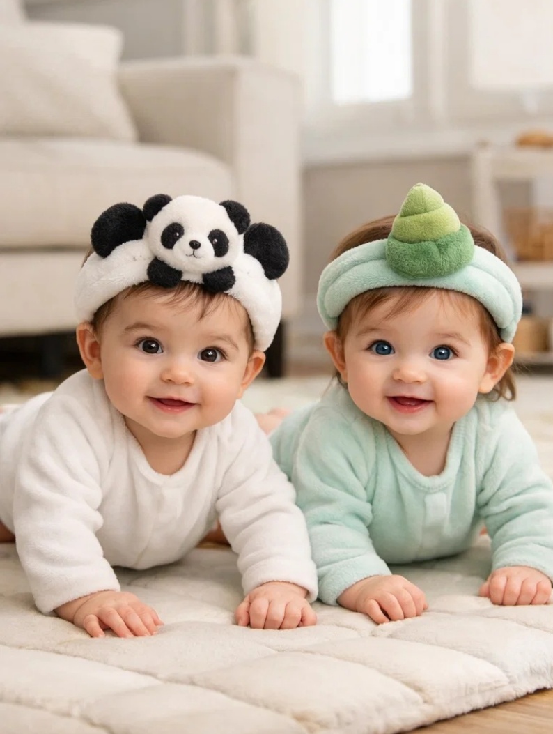 B2B Panda & Bamboo Bud Removable Plush Baby Headband Set for Nature Inspired Infant Collections