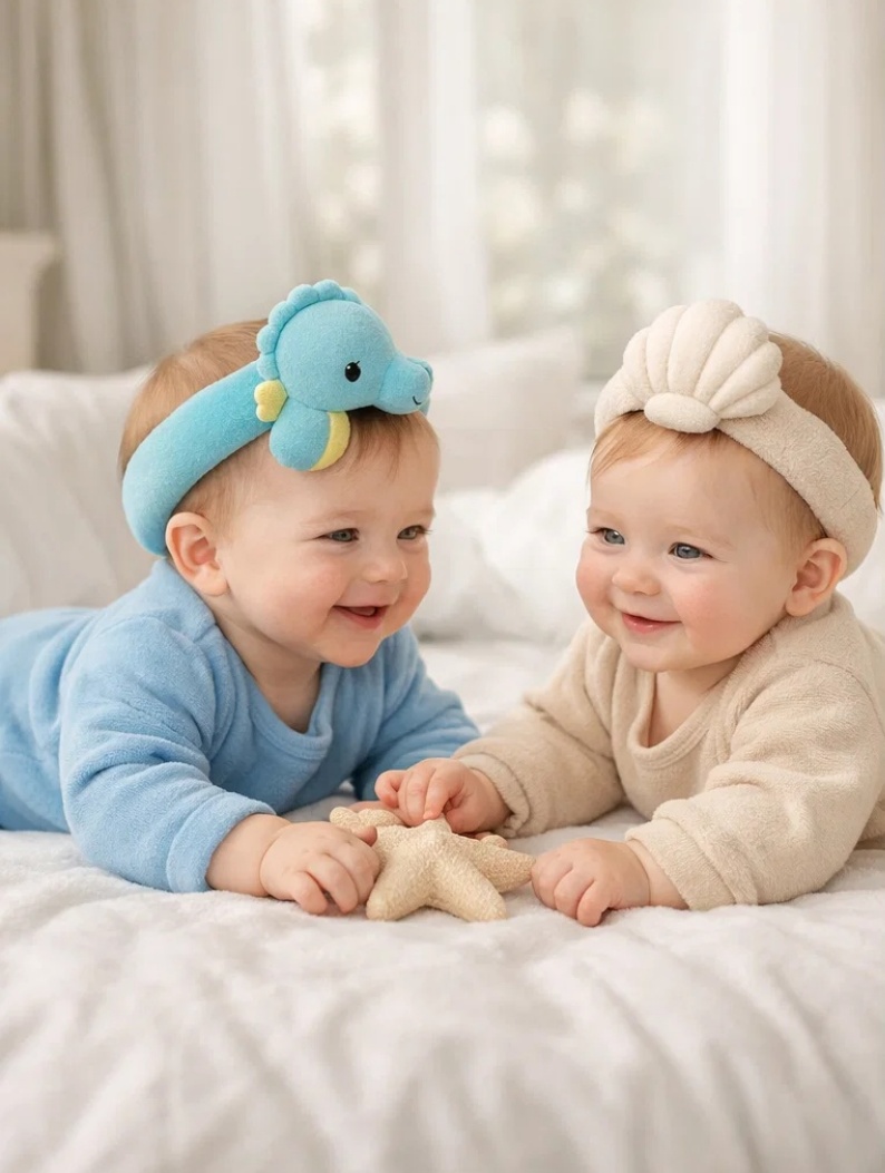 Wholesale Ocean Hugs Seahorse & Shell Removable Plush Baby Headband Gift Set for Boutique Collections