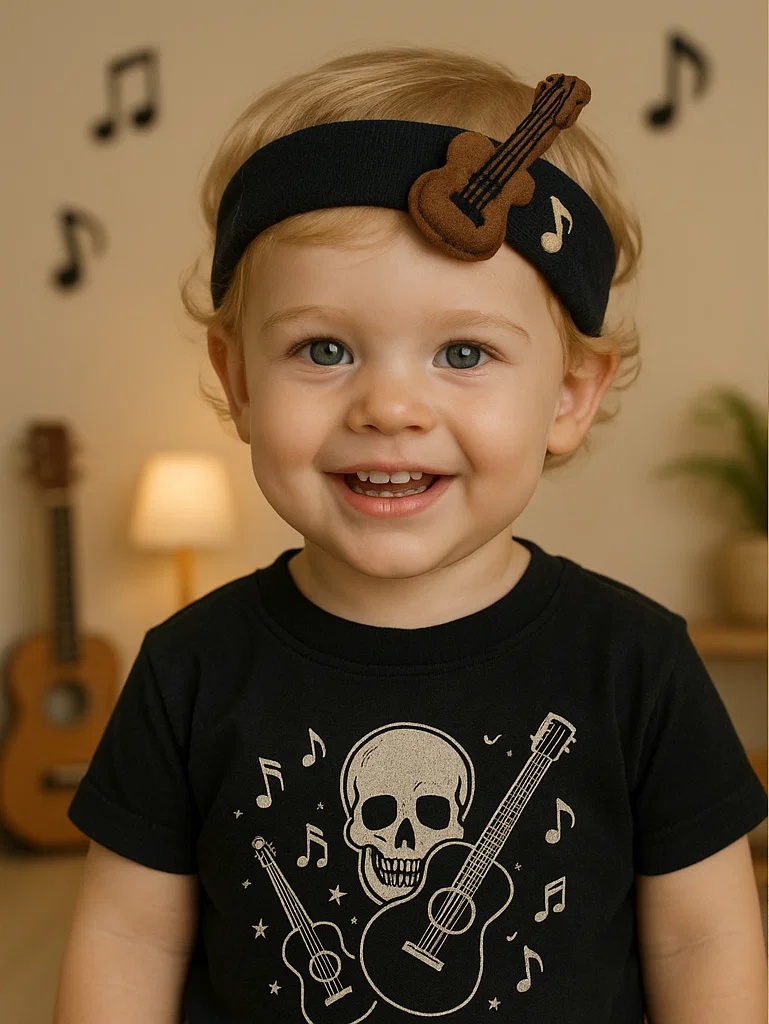 Baby-Stirnband mit Gitarrenmotiv – Weich, niedlich und rockig