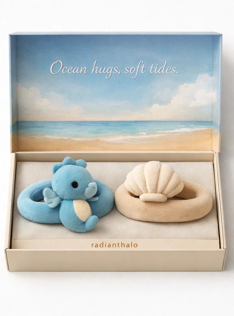 OEM Ocean Theme Seahorse & Shell Plush Baby Headband Set with Premium Gift Box for Infant Retail