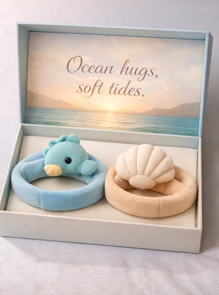 OEM Ocean Rainbow Seahorse & Shell Plush Baby Headband Set with Premium Gift Box for Infant Retail