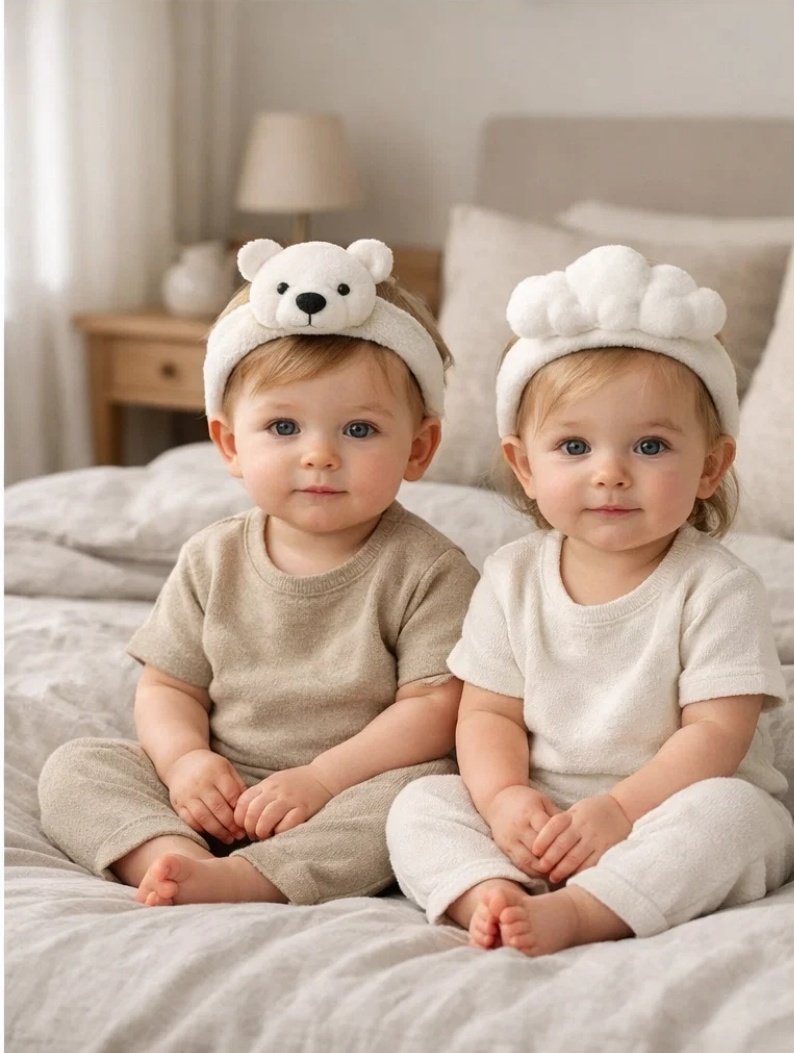 OEM Quiet Luxury Bear & Cloud Plush Baby Headband Set with Premium Gift Box for Infant Retail