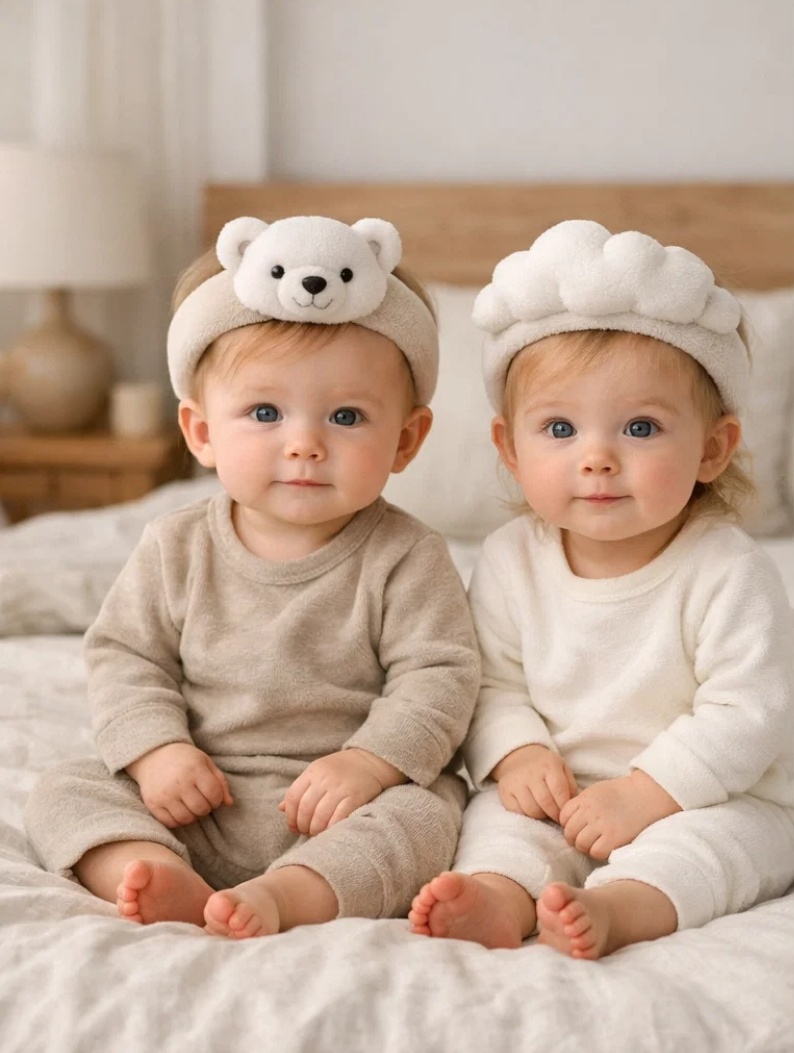 B2B Pure Softness White Bear & Cloud Removable Plush Baby Headband Set for Premium Neutral Collections